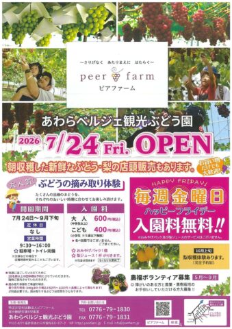 福井県あわら市のピアファームが「あわらベルジェ観光ぶどう園」開園！7月24日〜